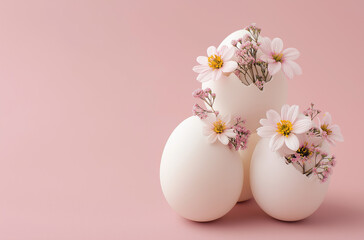Photo of three white eggs and one egg with flowers inside on a pastel pink background,