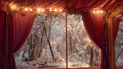 Cozy winter view through draped curtains with snow covered trees and soft lighting