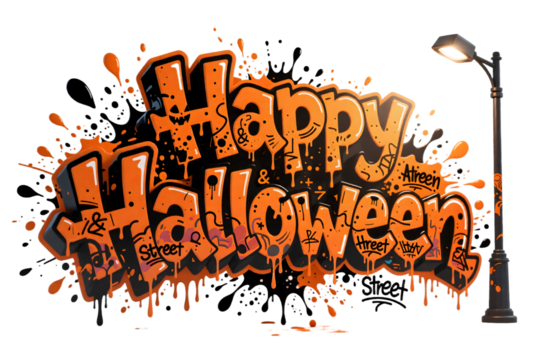 Happy Halloween Graffiti Text with Dripping Paint: Festive Urban Street Art