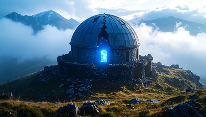 Obraz premium Dome Building Ruins on Mountain Top with Bright Glowing Portal