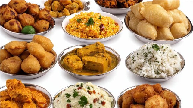 Colorful dishes with a variety of ingredients from ethnic cuisines including rice, curries, and fried foods.