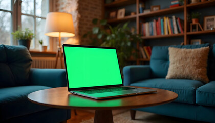 A Modern Living Room Scene Featuring a Laptop with a Green Screen on a Coffee Table Between Two Teal Sofas