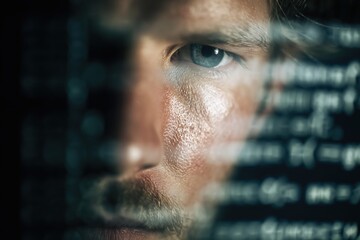 Close-up of an eye with digital code overlay symbolizing technology and focus