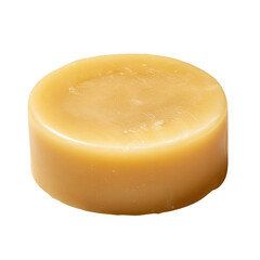 Round, light golden-yellow bar soap.  Smooth, slightly textured surface.  Solid, compact form