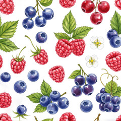 Vibrant Seamless Pattern Featuring Red Raspberries Blueberries and White Flowers on a Red Pink and Blue Background Perfect for Textile Design and