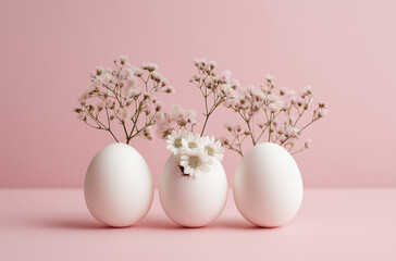 Photo of three white eggs and one egg with flowers inside on a pastel pink background,