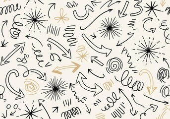 Hand drawn doodle arrows and starbursts seamless pattern on textured background
