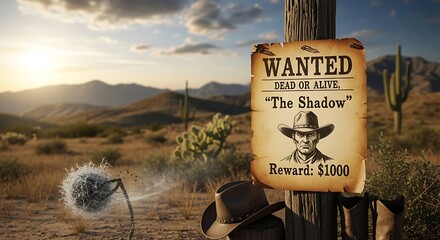 Wild West Wanted Poster in a Desert Landscape.