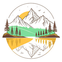 Circular mountain landscape with reflection and moon isolated on transparent background