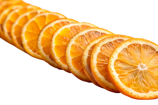 Seamless line of freshly sliced oranges forming a vibrant orange border against a dark backdrop isolated on transparent background