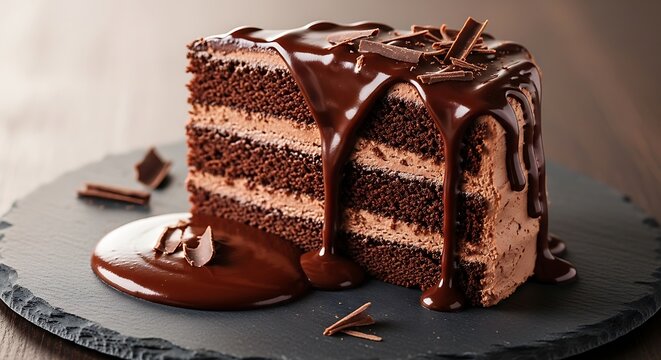 Close-up of a rich chocolate cake slice, drizzled with decadent chocolate sauce, layered with a creamy filling, and garnished with chocolate shavings, displayed on a dark stone plate. - Powered by Adobe