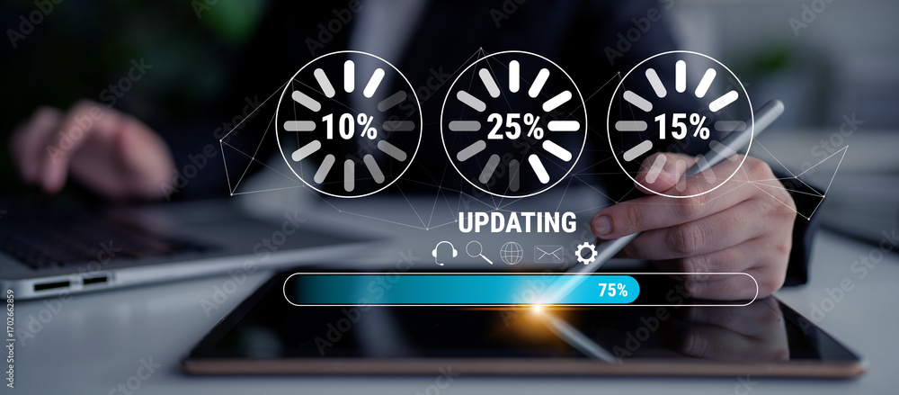 Fototapete a concept of a system update and software installation. a progress bar and loading icons showing the