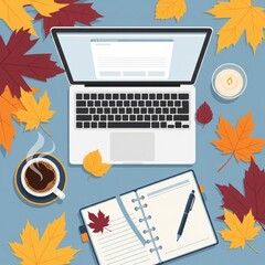 Cozy autumn workspace with laptop coffee and journal surrounded by fall leaves