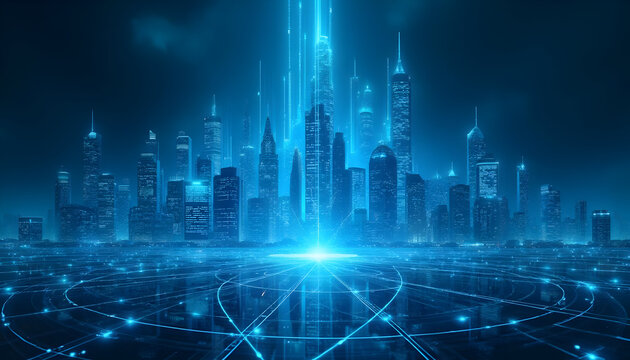 Futuristic Digital Cityscape with Glowing Blue Data Streams and Network Grids, Representing Smart City Technology and Global Connectivity - Powered by Adobe
