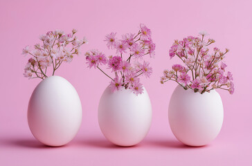 Photo of three white eggs and one egg with flowers inside on a pastel pink background,