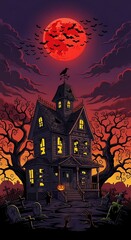 A spooky, haunted house stands amidst a graveyard, under a blood-red moon, filled with bats and a raven.