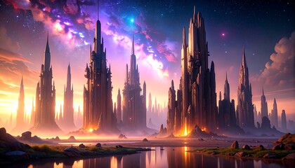 Dreamlike Cityscape with Tall Structures Under a Colorful Sky