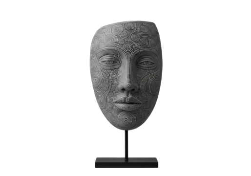 Elegant, minimalist abstract human face sculpture with intricate swirling black and white line patterns on a matte black stand, isolated on a clean transparent background. Concept of sophisticated art