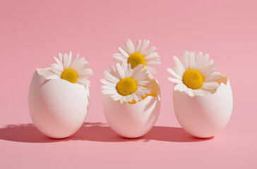 Photo of three white eggs and one egg with flowers inside on a pastel pink background,