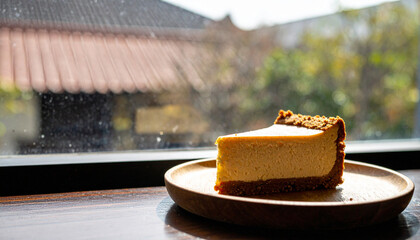 Cheesecake Slice Macro Showing Creamy Layers. Shavuot Jewish Festival. Generated Image