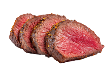 Slices of seared, medium-rare steak, showing rich red meat and browned edges