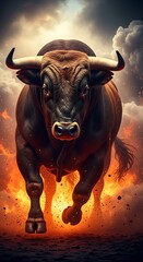 Powerful bull charges through fiery landscape, showcasing dramatic energy and strength.