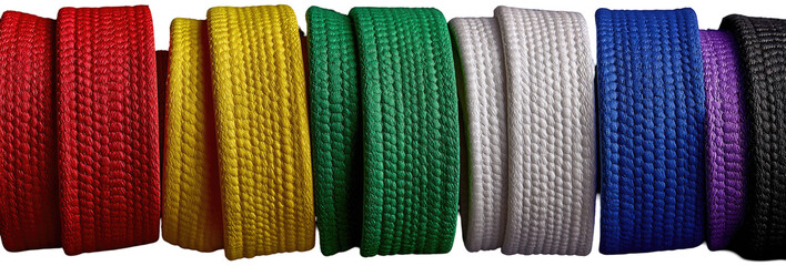 Row of textured martial arts belts in various colors