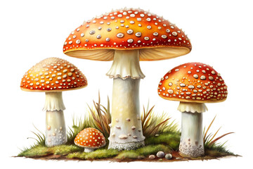 Obraz premium Vibrant fly agaric mushrooms with white spots growing in lush green grass and isolated on transparent background