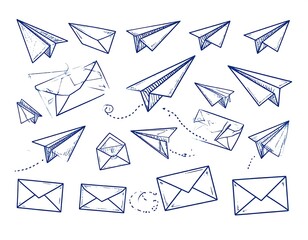 Hand-drawn paper planes and envelopes