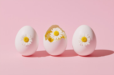 Photo of three white eggs and one egg with flowers inside on a pastel pink background,