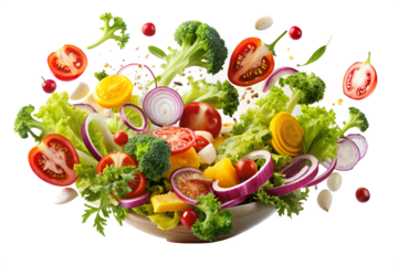 Fresh salad ingredients exploding in mid-air burst of healthy colors and textures isolated on transparent background