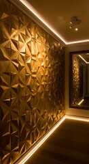 A sophisticated interior hallway showcases a gold-toned wall paneling with geometric patterns, illuminated by subtle white LED lighting along the baseboard.