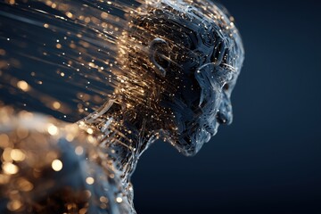 Futuristic human head and torso made of glowing circuitry patterns