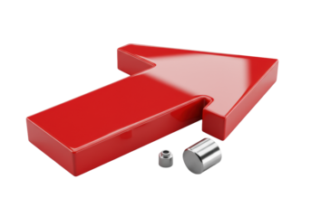 Bright red, glossy, reflective arrow angled 45 degrees right, with a small brushed chrome cylinder, isolated on seamless transparent, high-key studio lighting, concept of modern precision.