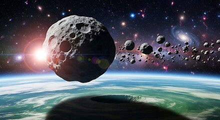 A large asteroid hurtles through space, towards a planet with a vast cosmic background.