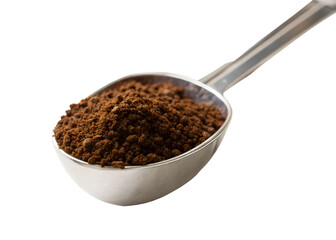 A metal spoon filled with granulated instant coffee beans overlapping together a close up view isolated on transparent background