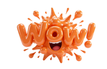 Stylized 3D word 'WOW!' with liquid-like texture, dynamic splashes; energetic and playful design concept.