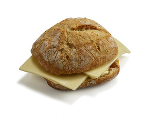 Cheese sandwich with rustic bread roll on white background studio shot