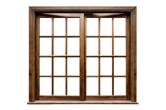 Wooden window frame with panes isolated on a transparent background