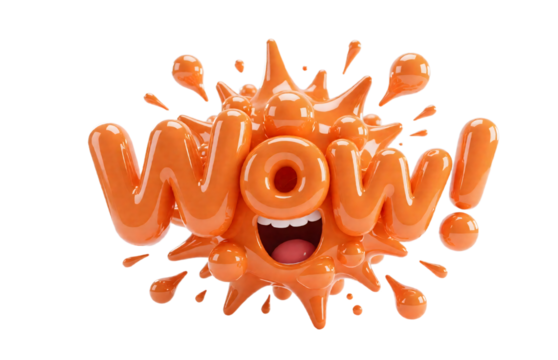 Stylized 3D word 'WOW!' with liquid-like texture, dynamic splashes; energetic and playful design concept.