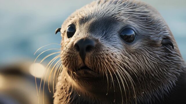 A close-up  of a sea otter looking directly at the camera.