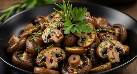 Close-up view of seasoned, sauteed mushrooms in a dark bowl, garnished with fresh herbs and spices.