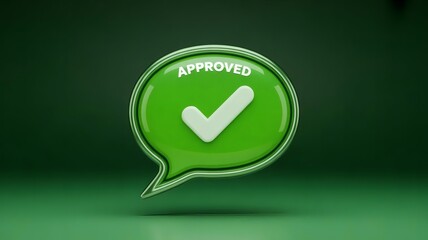 
This image features a three-dimensional green speech bubble with a large, white checkmark in the center. The word "APPROVED" is embossed on the top of the bubble. The bubble has a glossy finish and i