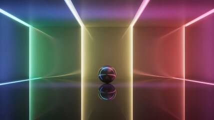 
This image shows a futuristic, symmetrical room defined by glowing neon light strips that outline the corners of the walls and ceiling. The lights cycle through a rainbow of colors, creating a vibran