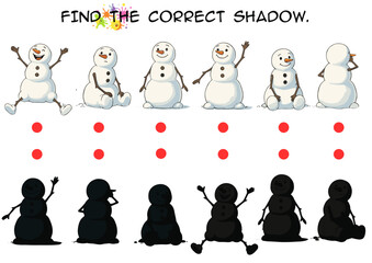 Snowmen illustrations with shadows for kids' activity sheet  