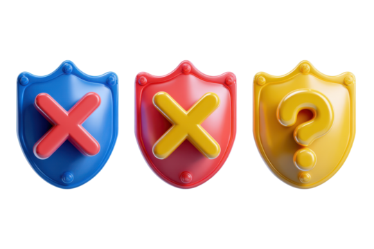 3D shield blue check mark, red X, yellow question mark icon symbol transparent PNG set bundle, isolated background. Anti virus, cyber security, protection, web, internet safety