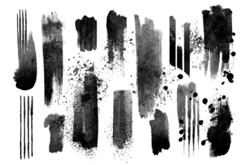 Abstract black ink paint brush stroke shape transparent PNG, isolated background. Creative pattern art design