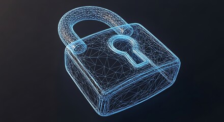 A digital wireframe representation of a padlock, showcasing a modern, abstract design against a dark background.