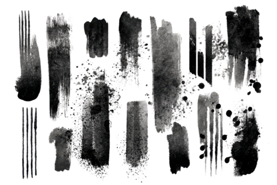 Abstract black ink paint brush stroke shape transparent PNG, isolated background. Creative pattern art design - Powered by Adobe