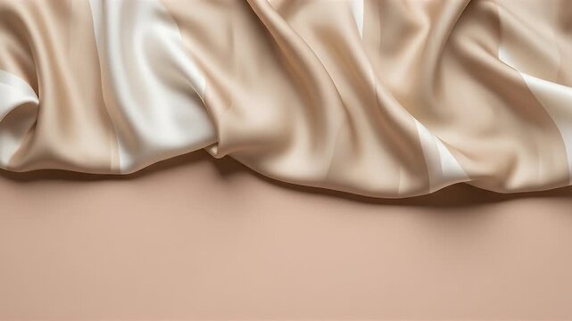 Draped light beige fabric with flowing folds rests on a flat peach surface